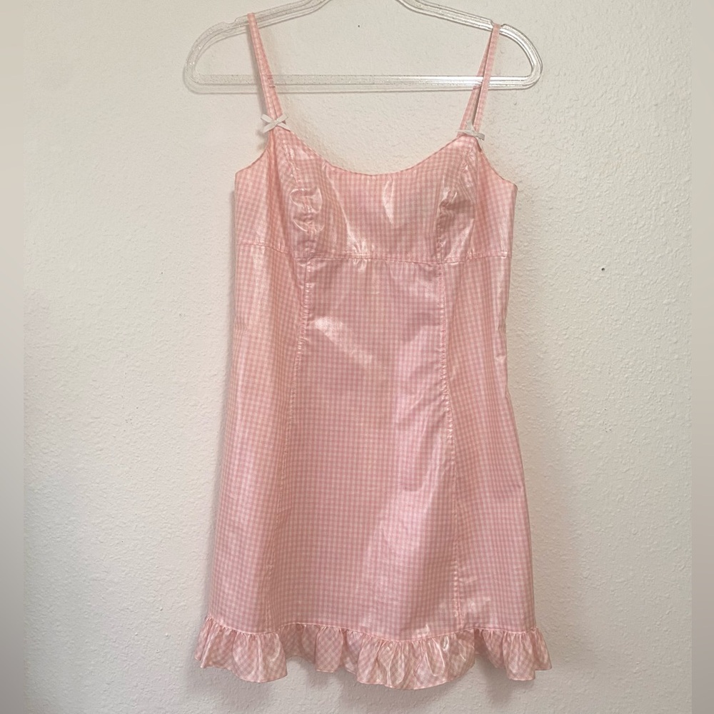 Vintage 1990s Betsey Johnson Pink Gingham Oilcloth Dress With Ruffle Bow Ribbons